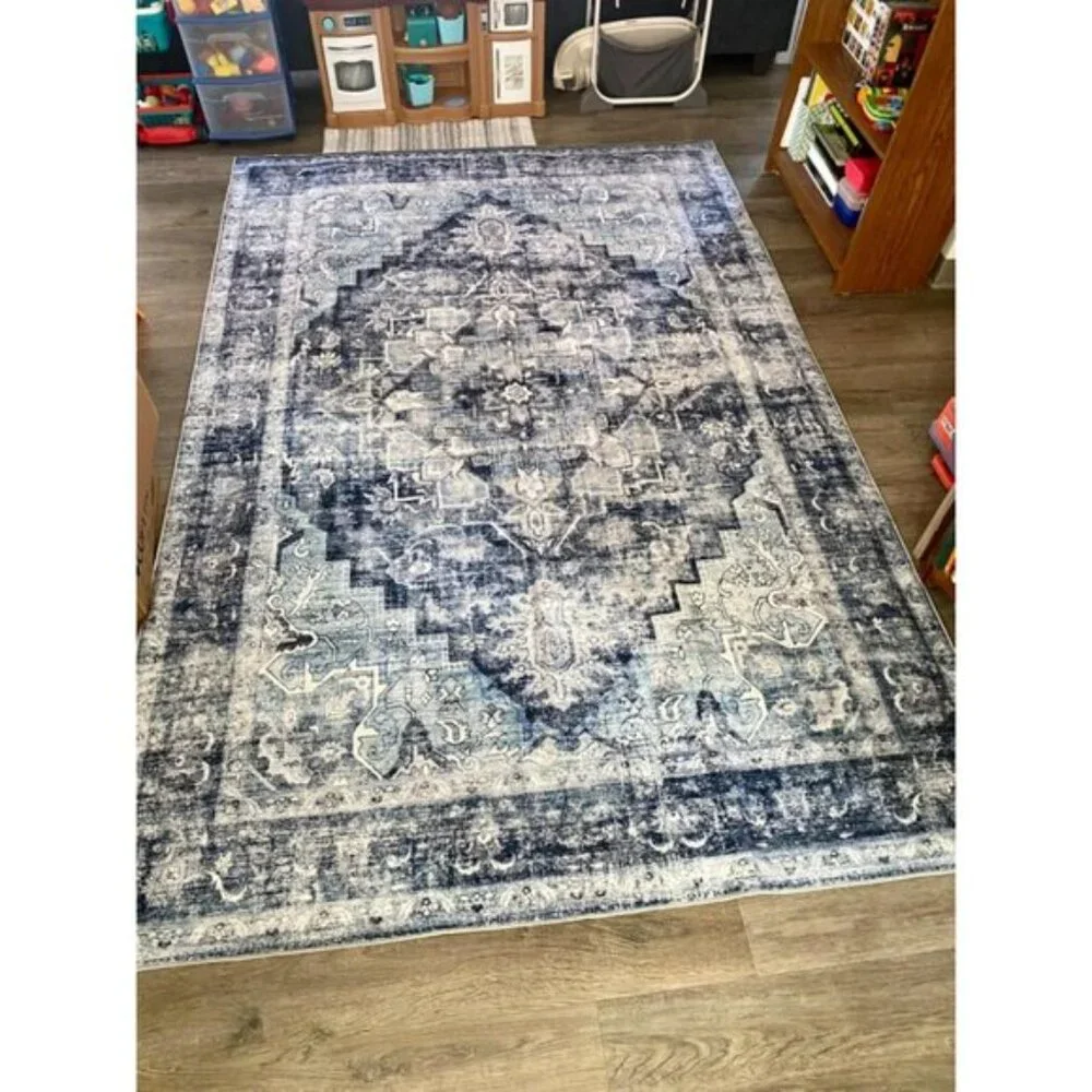 New 6x9 Dark Blue Vintage Rug, Washable Non-Slip Carpet for Home or Room Decor